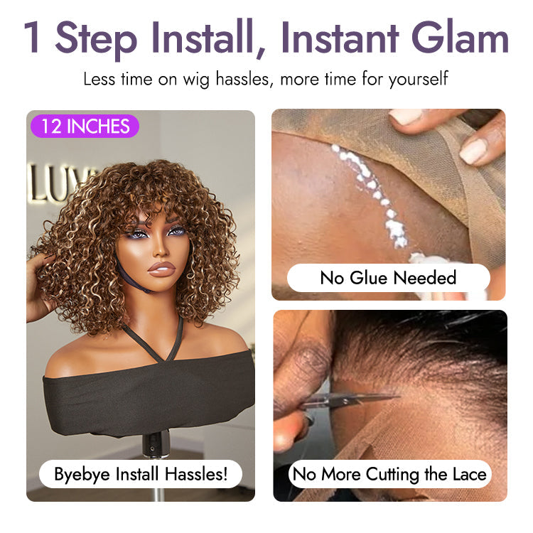 Glueless Curly Human Hair Wig - Highlight with Bangs | 10"-28"