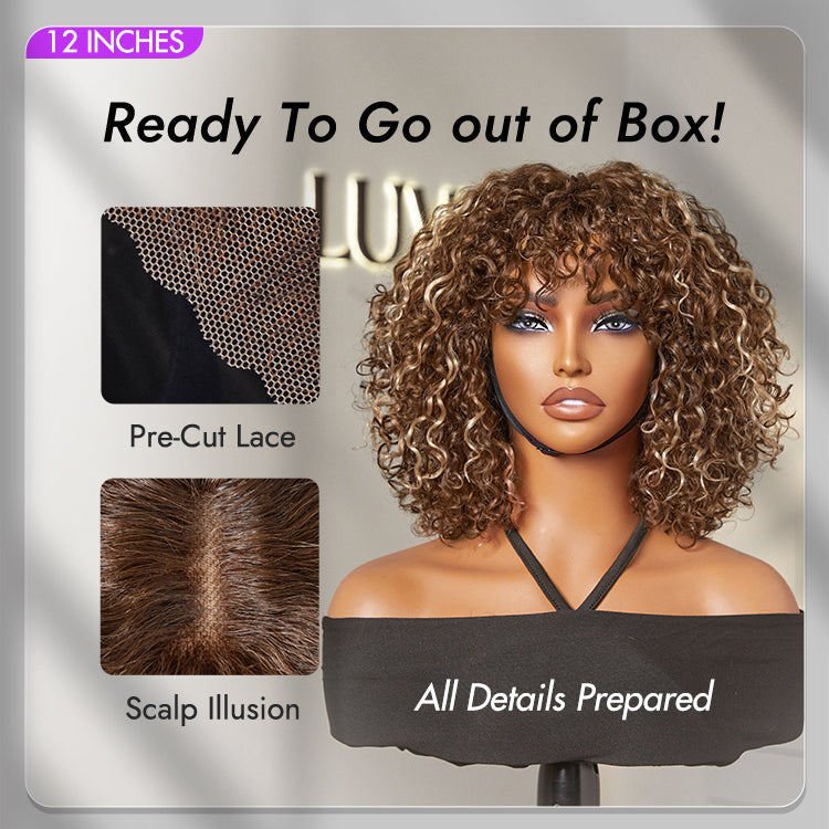 Glueless Curly Human Hair Wig - Highlight with Bangs | 10"-28"