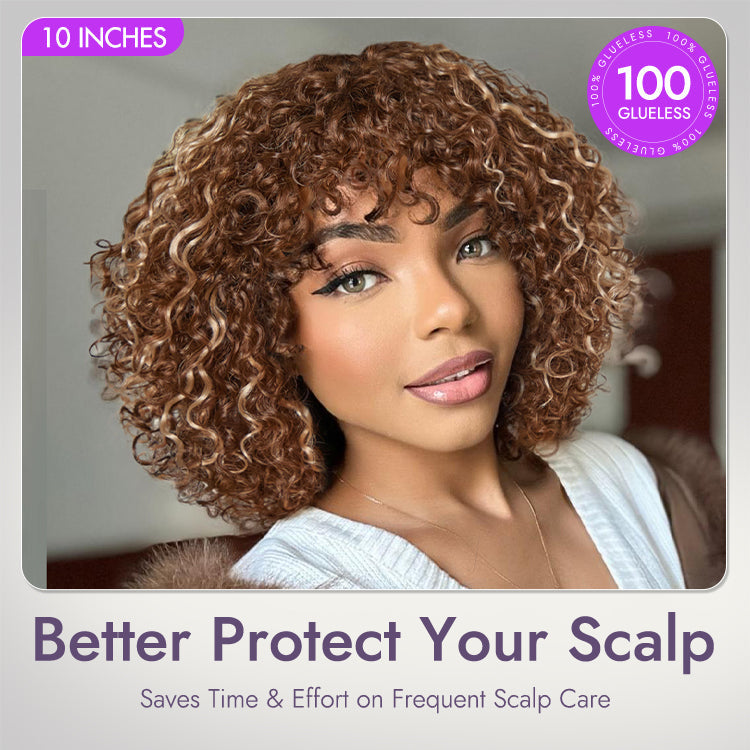 Glueless Curly Human Hair Wig - Highlight with Bangs | 10"-28"