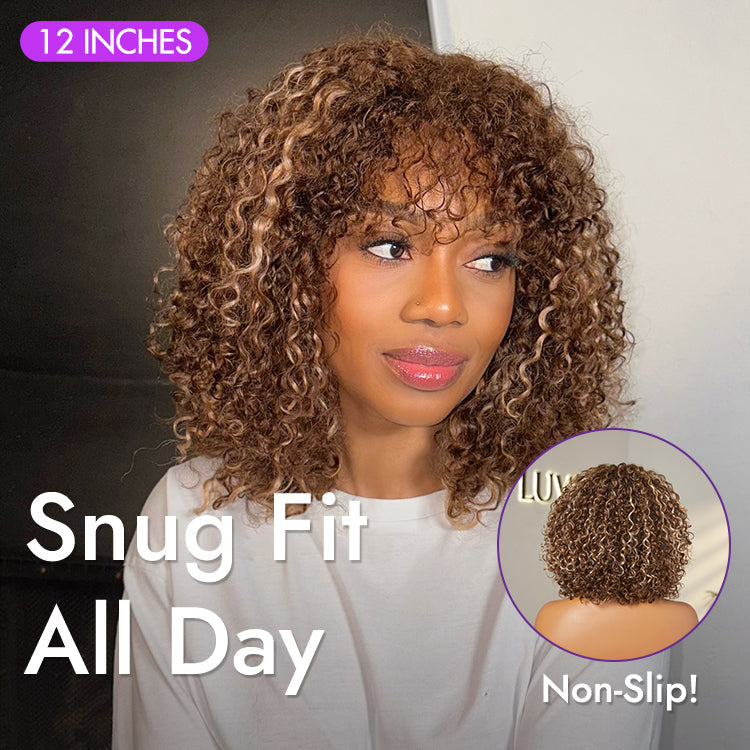 Glueless Curly Human Hair Wig - Highlight with Bangs | 10"-28"