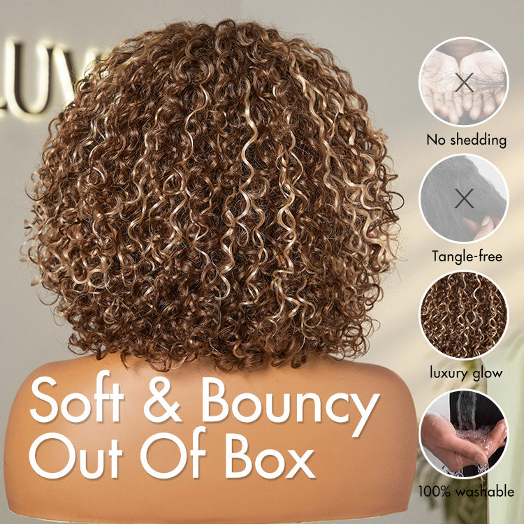 Glueless Curly Human Hair Wig - Highlight with Bangs | 10"-28"