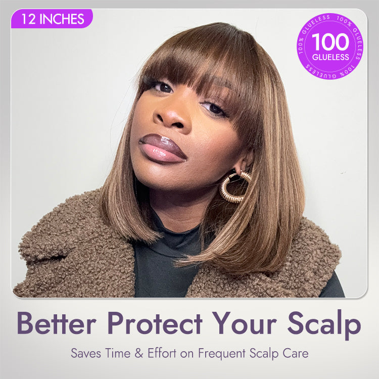 Glueless Bob Human Hair Wig - Highlight with Bangs | 8"-14"