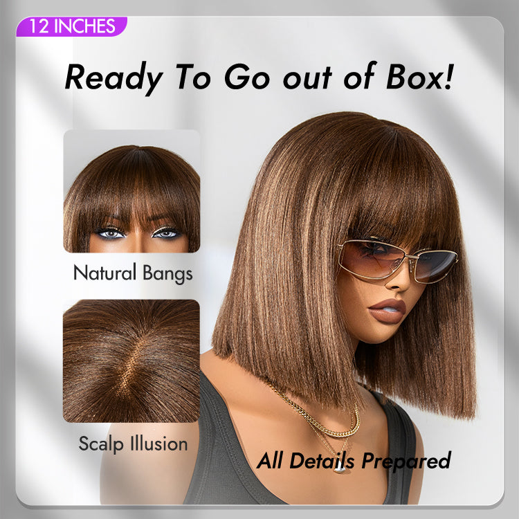 Glueless Bob Human Hair Wig - Highlight with Bangs | 8"-14"