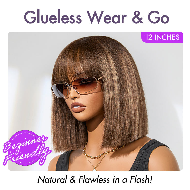Glueless Bob Human Hair Wig - Highlight with Bangs | 8"-14"