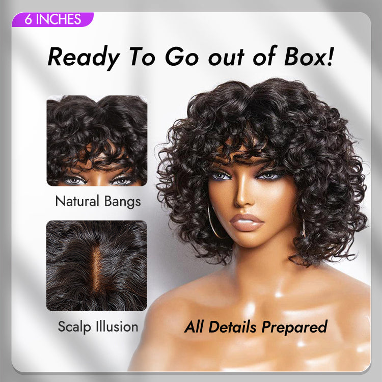 Glueless Pixie T-Part Lace Human Hair Wig - Red with Bangs | 8"-14"