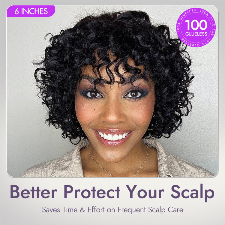 Glueless Pixie T-Part Lace Human Hair Wig - Red with Bangs | 8"-14"