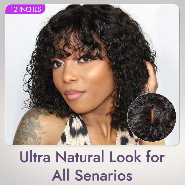 Glueless Curly T-Part Lace Human Hair Wig with Bangs | 8"-14"