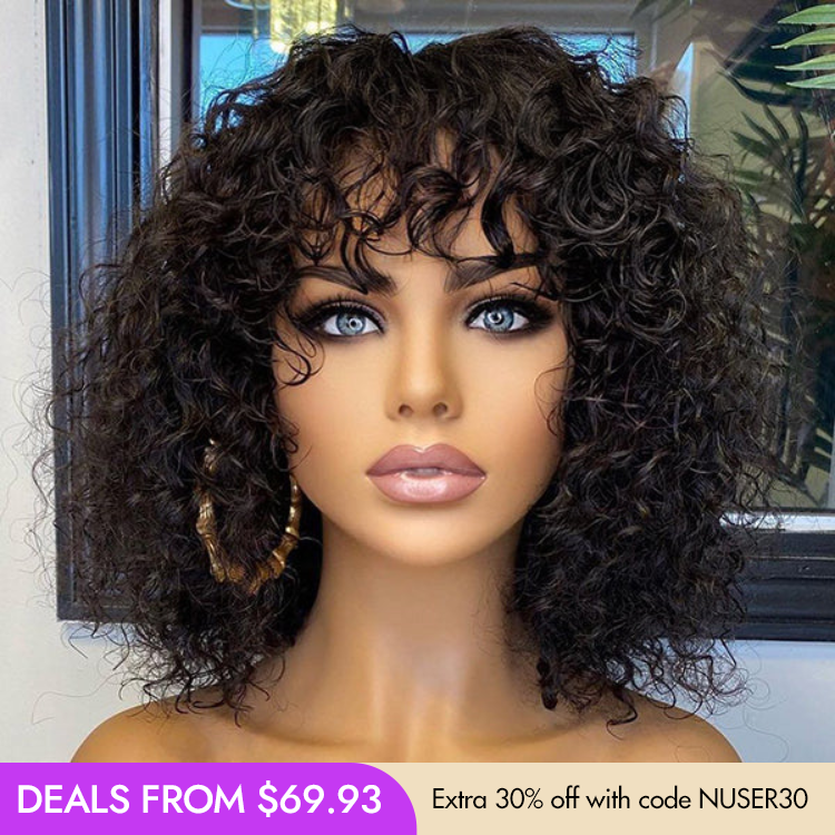 Glueless Curly U-Part Human Hair Wig - Brown with Bangs | 8"-14"