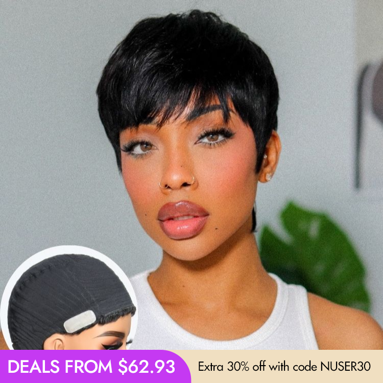 Glueless Pixie Human Hair Wig - Grey with Bangs | 8"-14"
