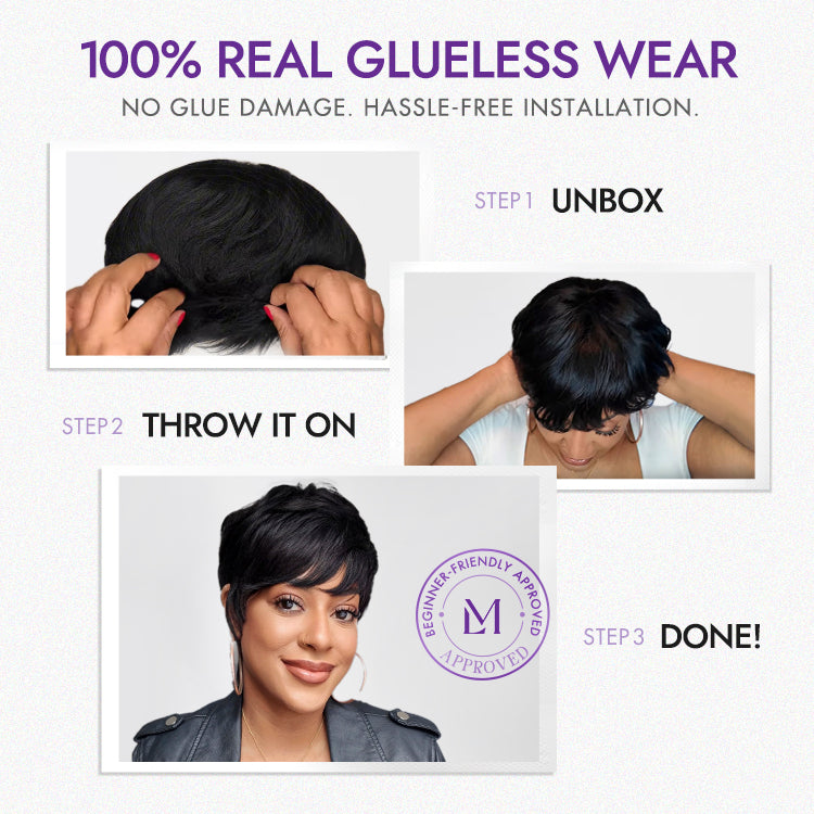 Glueless Pixie Human Hair Wig - Grey with Bangs | 8"-14"