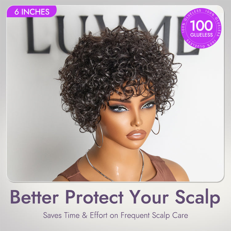 Glueless Curly Human Hair Wig with Bangs | 8"-14"