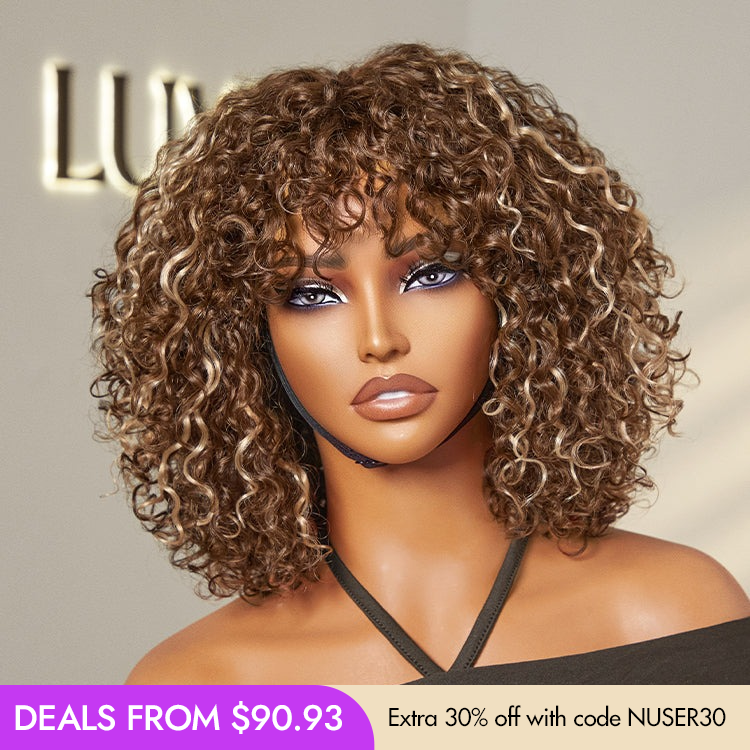 Glueless Curly U-Part Human Hair Wig - Brown with Bangs | 8"-14"