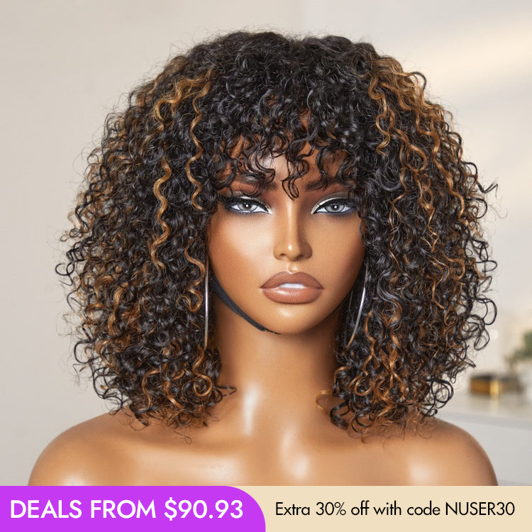 Glueless Curly U-Part Human Hair Wig - Brown with Bangs | 8"-14"