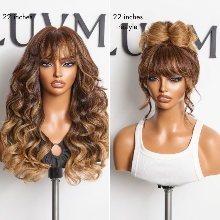 Glueless HD Lace Body Wave T-Part Lace Human Hair Wig - Highlight with Bangs 180% Density | 10"-28"
