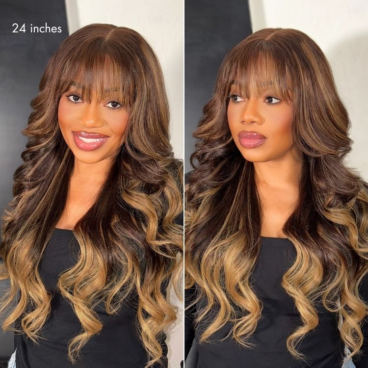 Glueless HD Lace Body Wave T-Part Lace Human Hair Wig - Highlight with Bangs 180% Density | 10"-28"
