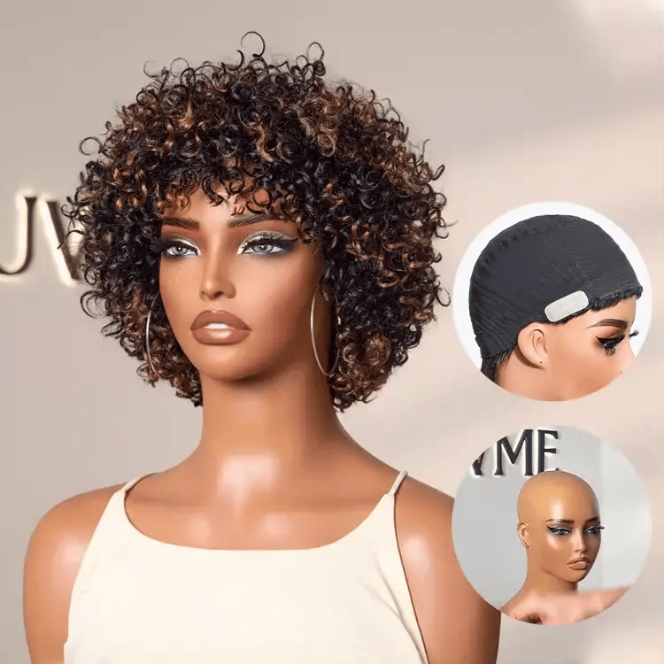 Glueless Curly Human Hair Wig - Highlight with Bangs | 8"-14"