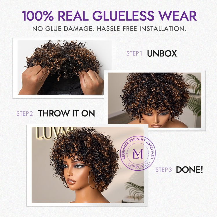 Glueless Curly Human Hair Wig - Highlight with Bangs | 8"-14"