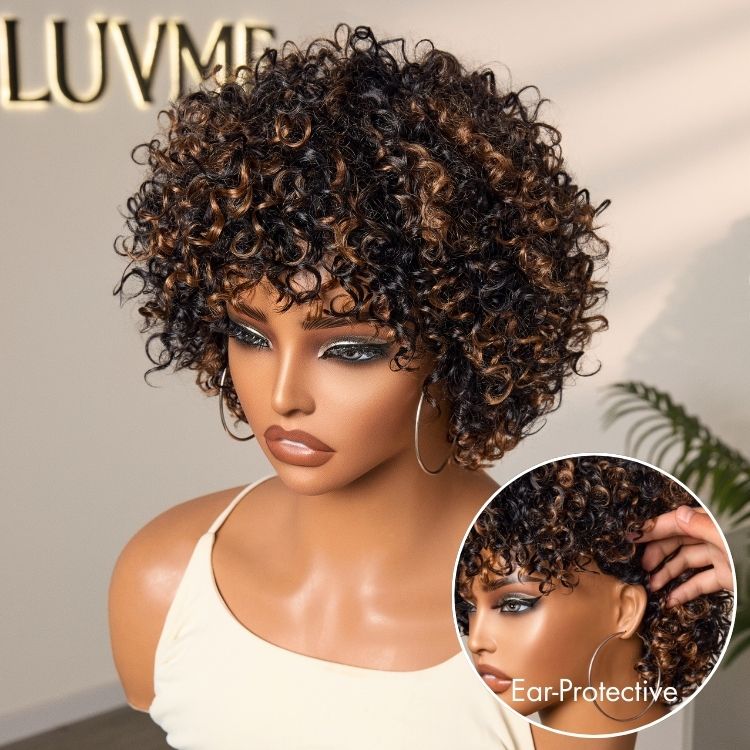 Glueless Curly Human Hair Wig - Highlight with Bangs | 8"-14"