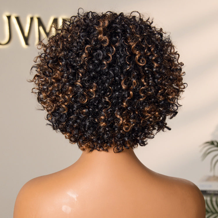 Glueless Curly Human Hair Wig - Highlight with Bangs | 8"-14"