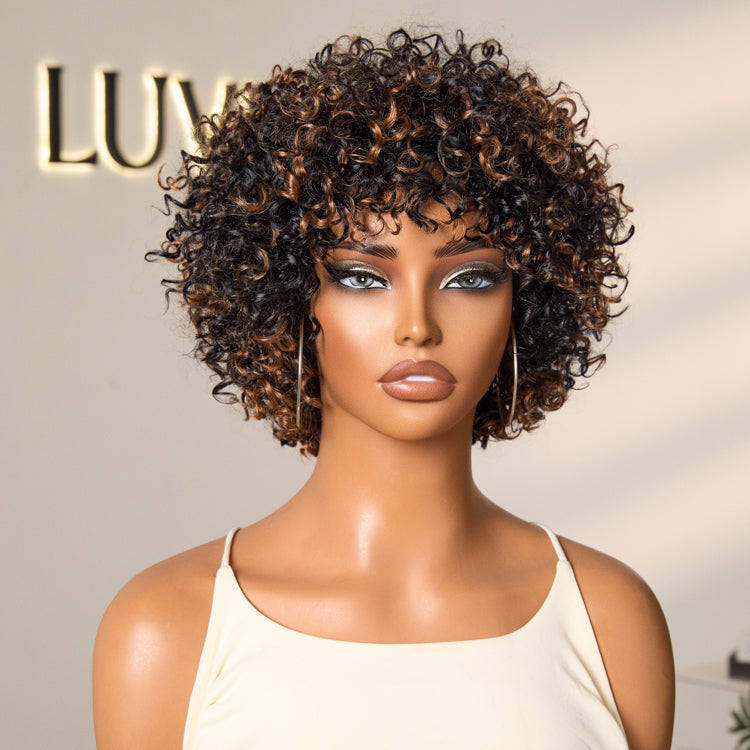 Glueless Curly Human Hair Wig - Highlight with Bangs | 8"-14"