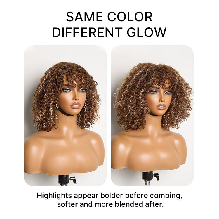 Glueless Curly Human Hair Wig - Highlight with Bangs | 10"-28"