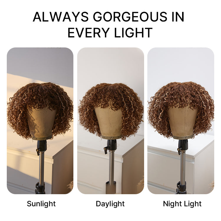 Glueless Curly Human Hair Wig - Highlight with Bangs | 10"-28"