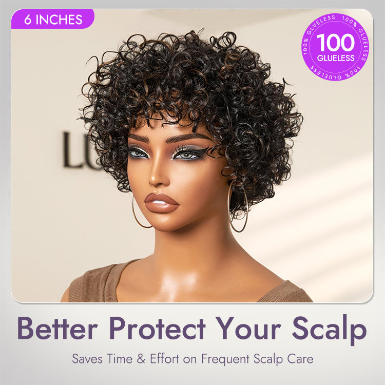 Glueless Curly Human Hair Wig - Grey with Bangs | 8"-14"