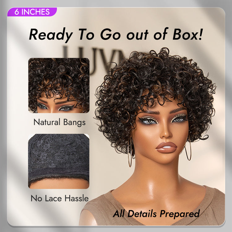 Glueless Curly Human Hair Wig - Grey with Bangs | 8"-14"