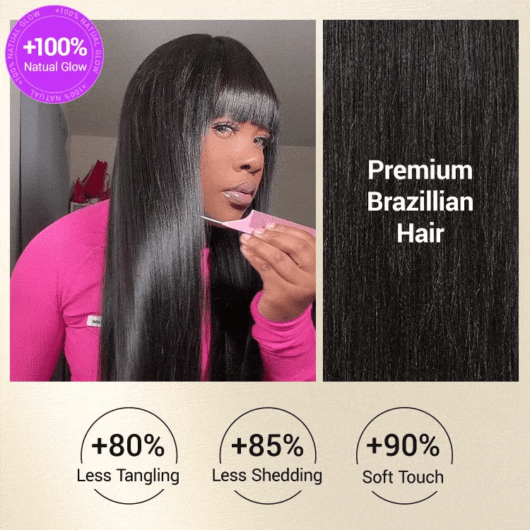 Glueless HD Lace Kinky Straight T-Part Lace Human Hair Wig - Grey with Bangs | 10"-28"