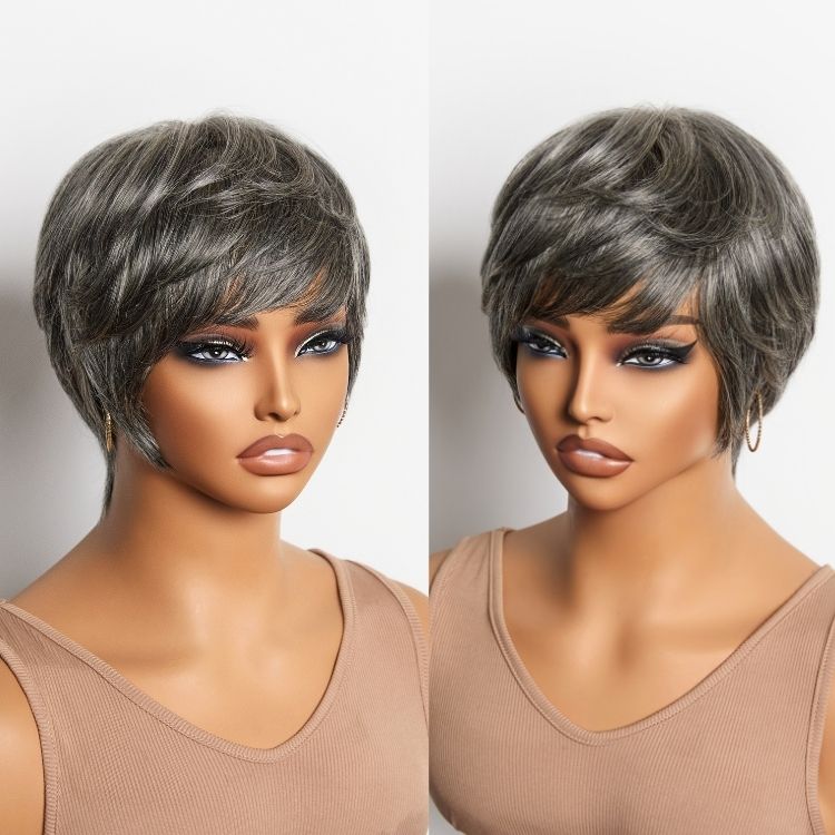 Glueless Pixie Human Hair Wig - Grey with Bangs | 8"-14"