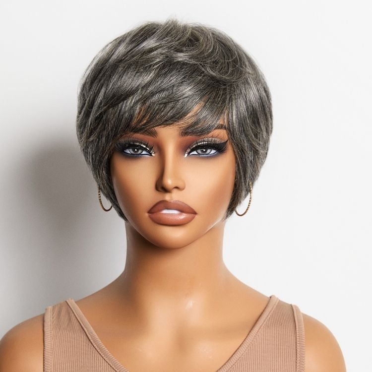 Glueless Pixie Human Hair Wig - Grey with Bangs | 8"-14"