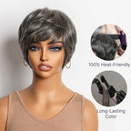 Glueless Pixie Human Hair Wig - Grey with Bangs | 8"-14"
