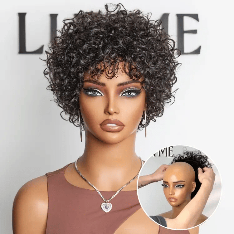 Glueless Curly Human Hair Wig - Grey with Bangs | 8"-14"