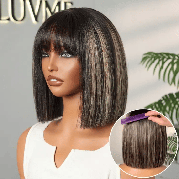 Glueless Bob Human Hair Wig - Highlight with Bangs | 8"-14"