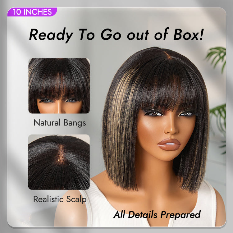 Glueless Bob Human Hair Wig - Highlight with Bangs | 8"-14"
