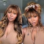 Glueless HD Lace Body Wave T-Part Lace Human Hair Wig - Highlight with Bangs 180% Density | 10"-28"