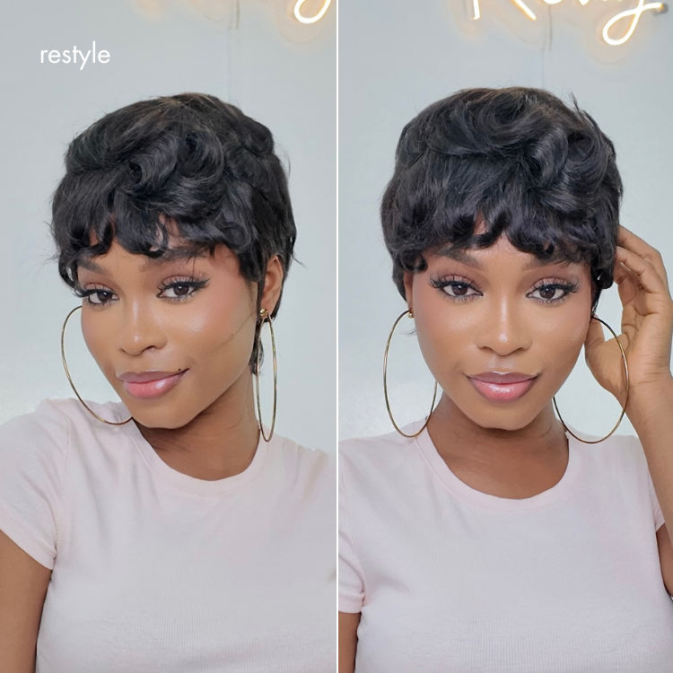 Glueless Pixie Human Hair Wig - Grey with Bangs | 8"-14"
