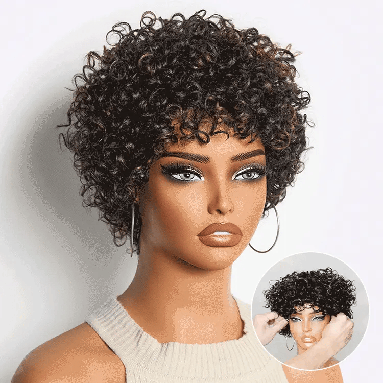 Glueless Curly Human Hair Wig with Bangs | 8"-14"