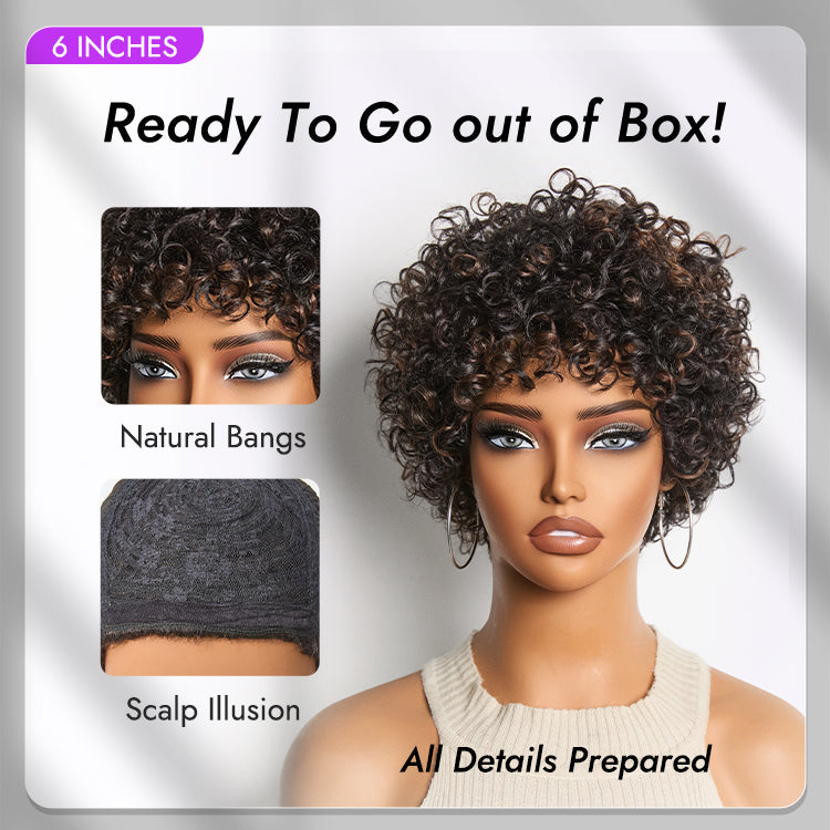 Glueless Curly Human Hair Wig with Bangs | 8"-14"