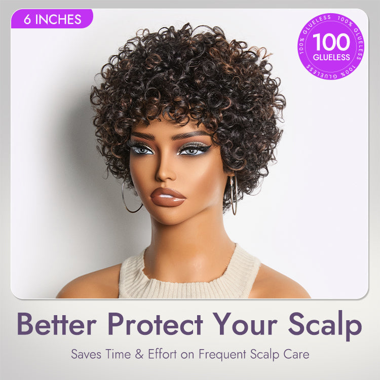 Glueless Curly Human Hair Wig with Bangs | 8"-14"