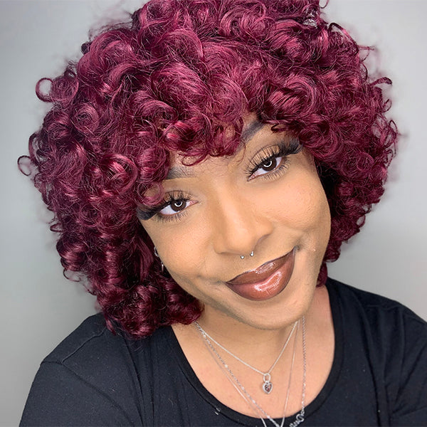 Curly Human Hair Wig - Red with Bangs | 8"-14"