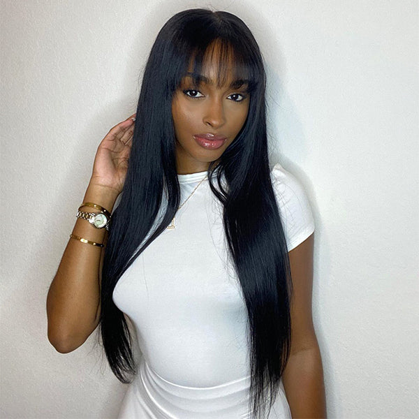 Straight T-Part Lace Human Hair Wig with Bangs | 8"-14"