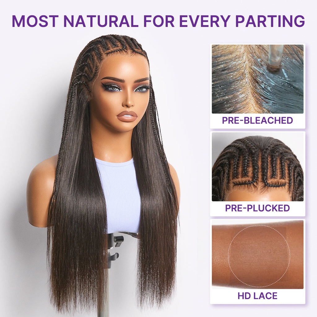 Glueless Braided T-Part Lace Human Hair Wig with Bangs 180% Density | 10"-28"