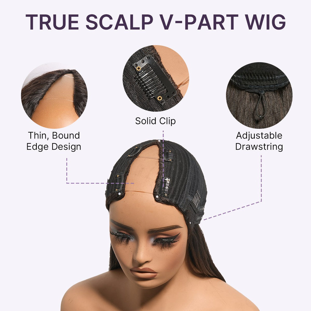 Glueless Kinky Straight V-Part Human Hair Wig | 10"-28"