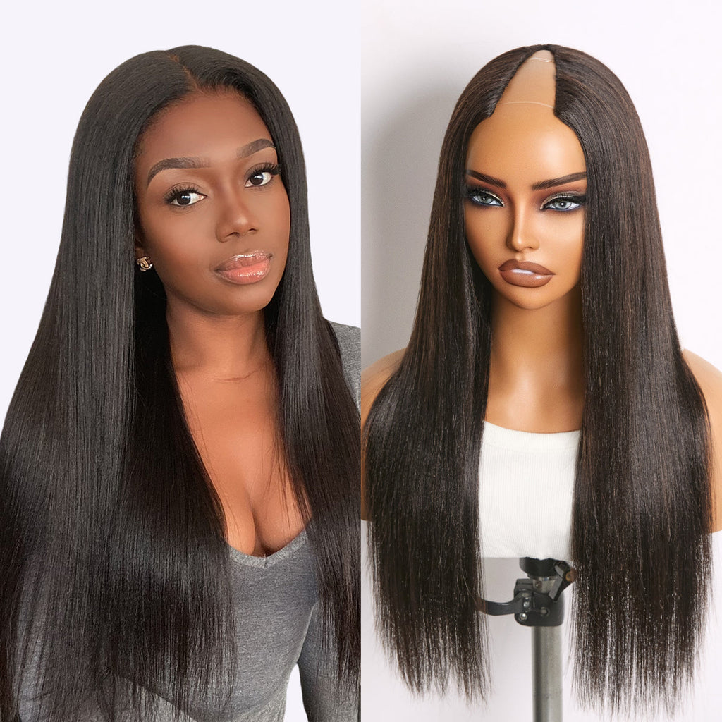 Glueless Kinky Straight V-Part Human Hair Wig with Bangs | 10"-28"