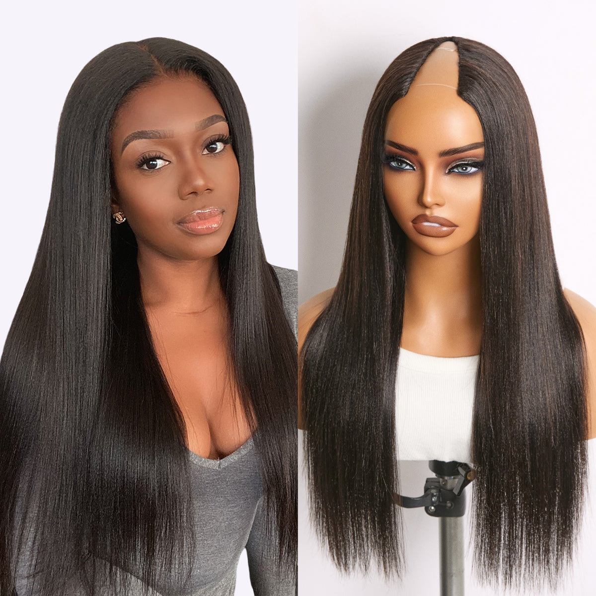 Glueless Kinky Straight V-Part Human Hair Wig with Bangs | 10"-28"
