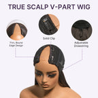 Glueless Kinky Straight V-Part Human Hair Wig with Bangs | 10"-28"