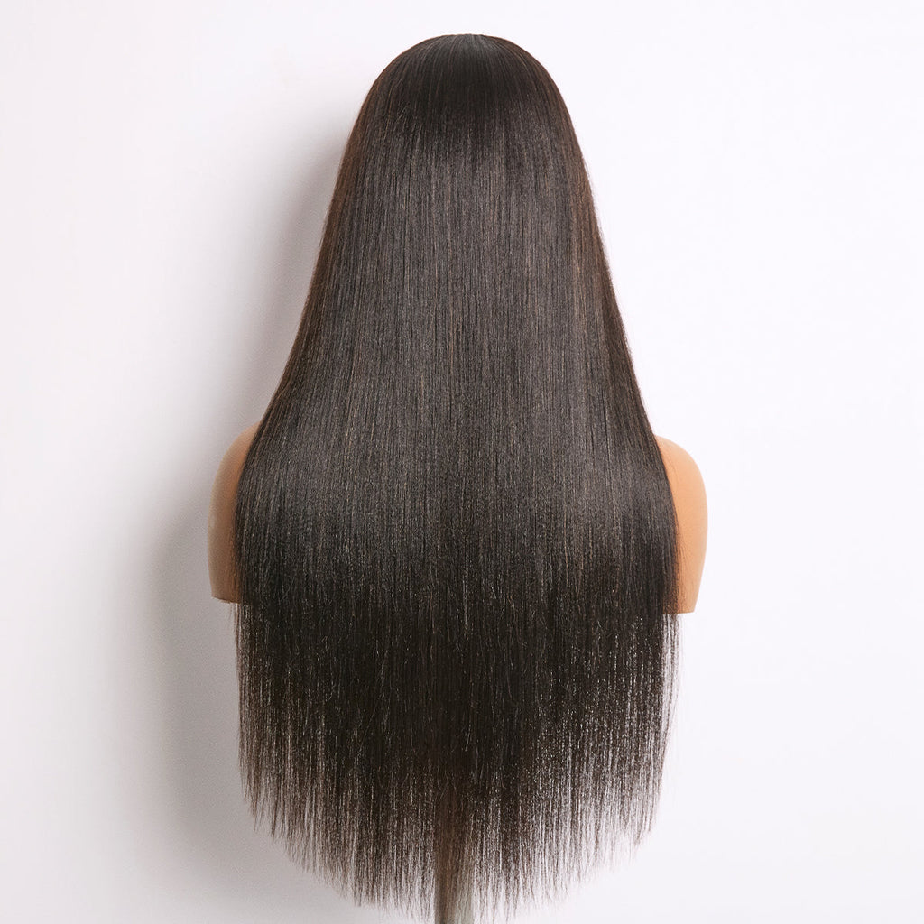 Glueless Kinky Straight V-Part Human Hair Wig with Bangs | 10"-28"