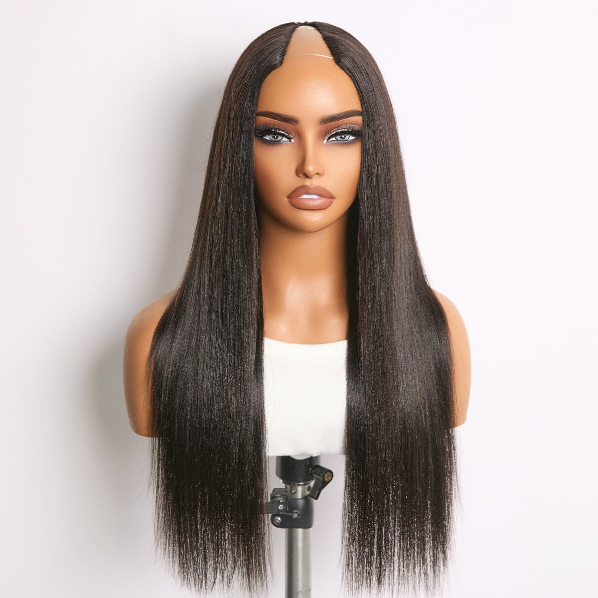 Glueless Kinky Straight V-Part Human Hair Wig with Bangs | 10"-28"