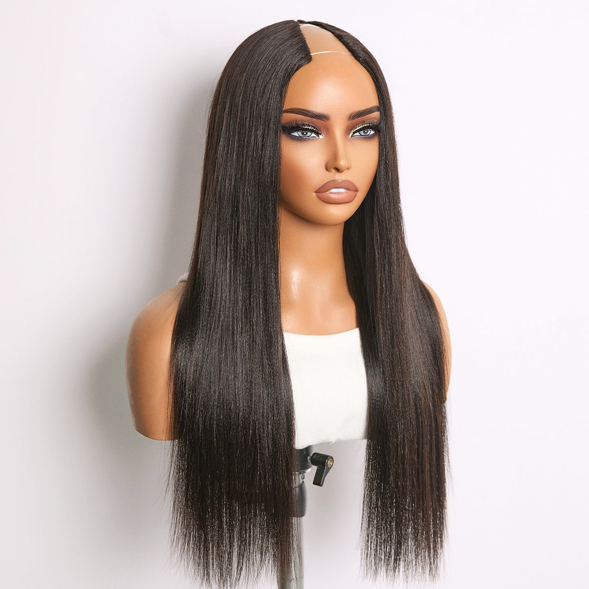 Glueless Kinky Straight V-Part Human Hair Wig with Bangs | 10"-28"